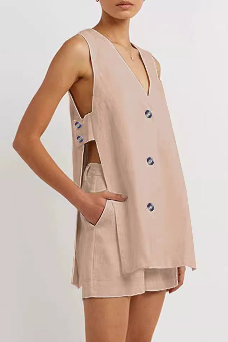 Casual British Style Solid Pocket Buckle V Neck Sleeveless Two Pieces(3 Colors)