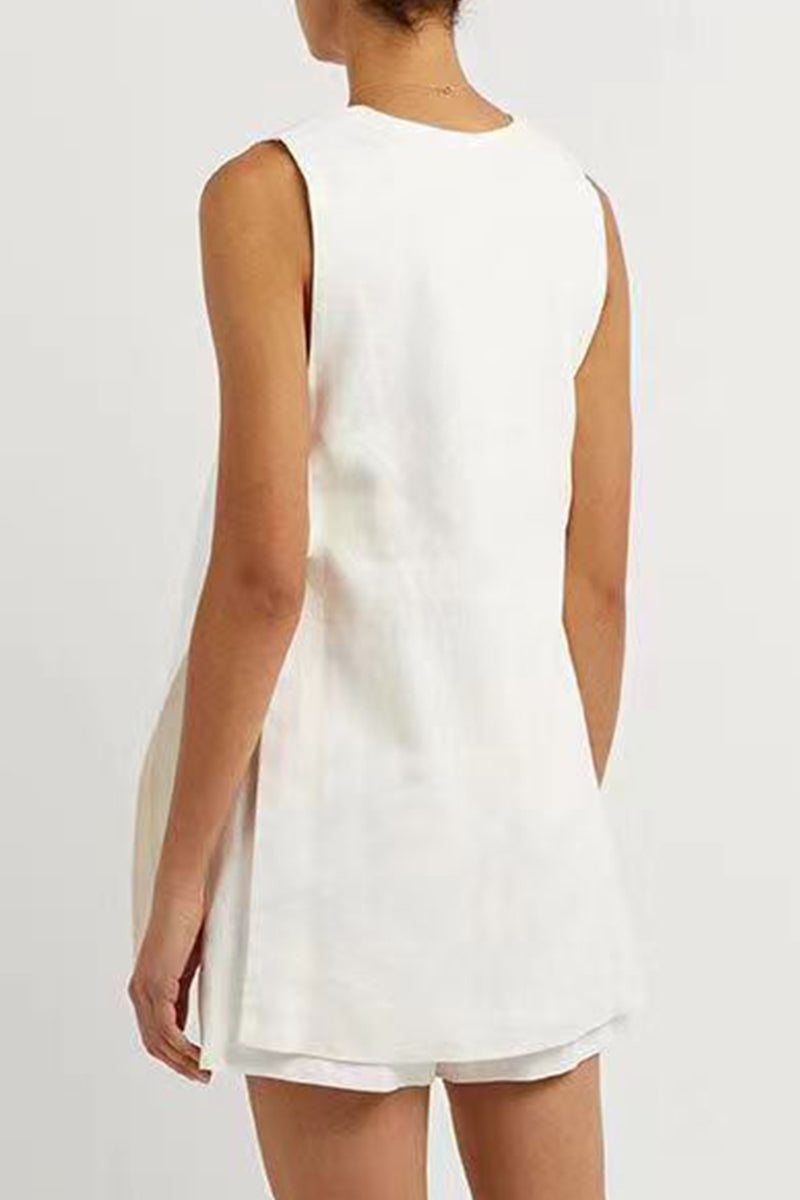 Casual British Style Solid Pocket Buckle V Neck Sleeveless Two Pieces(3 Colors)