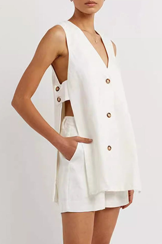 Casual British Style Solid Pocket Buckle V Neck Sleeveless Two Pieces(3 Colors)