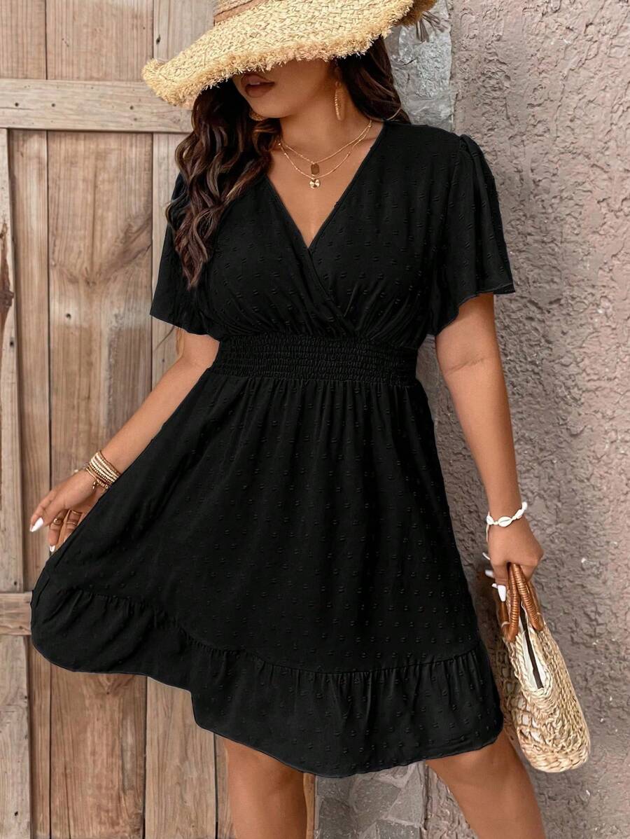 Plus Size V Neck Ruffle Dress With Cinched Waist Fit