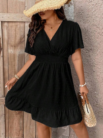 Plus Size V Neck Ruffle Dress With Cinched Waist Fit