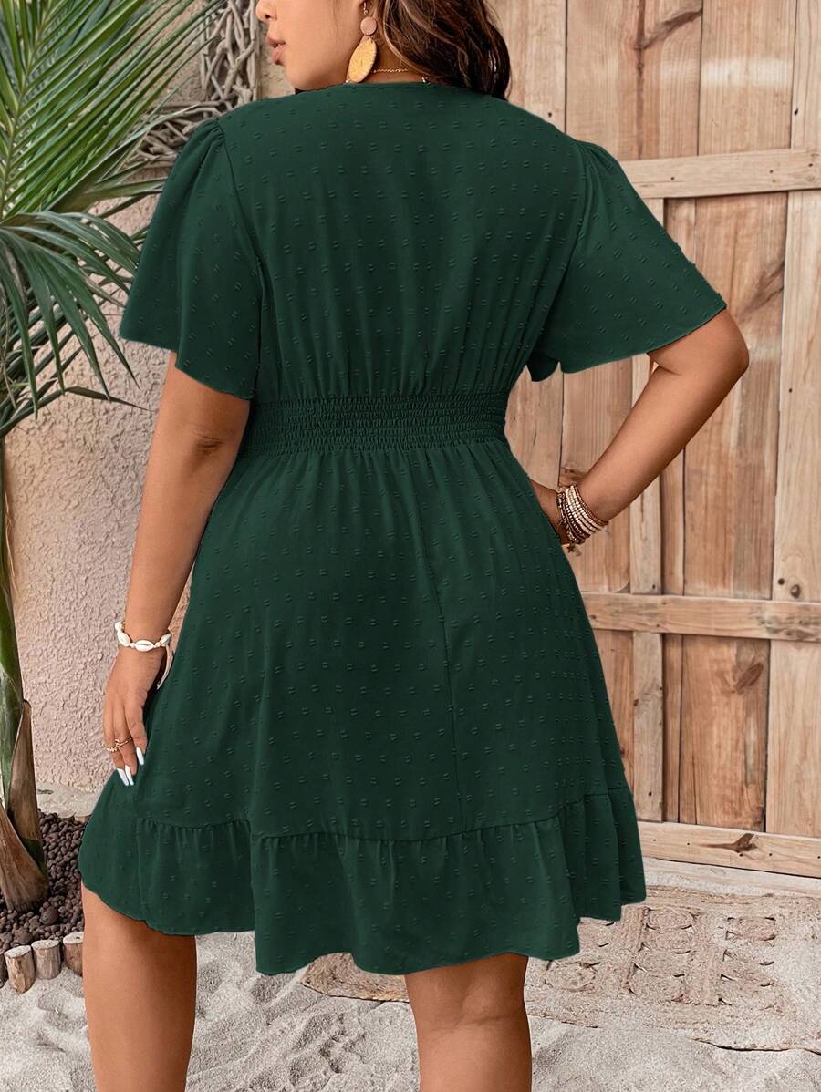 Plus Size V Neck Ruffle Dress With Cinched Waist Fit