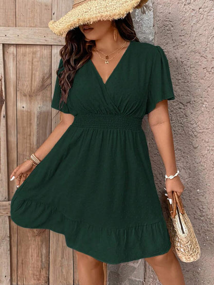 Plus Size V Neck Ruffle Dress With Cinched Waist Fit