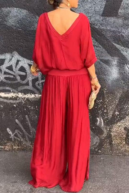 Casual Solid Backless V Neck Half Sleeve Two Pieces(10 Colors)