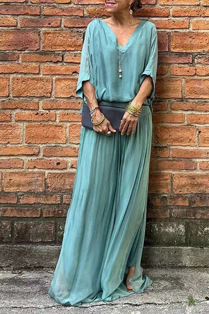 Casual Solid Backless V Neck Half Sleeve Two Pieces(10 Colors)