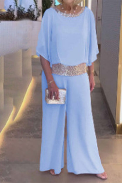 Casual Solid Sequins O Neck Two Pieces
