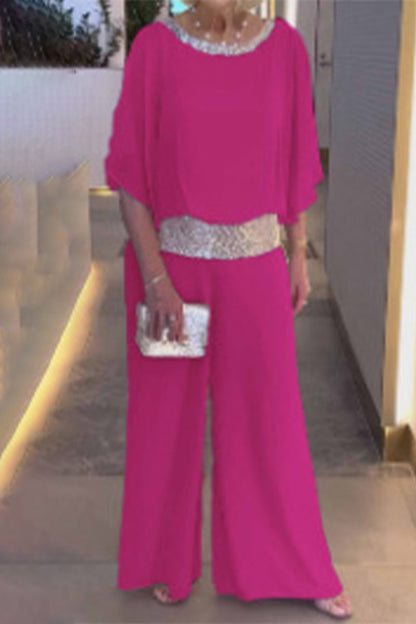 Casual Solid Sequins O Neck Two Pieces