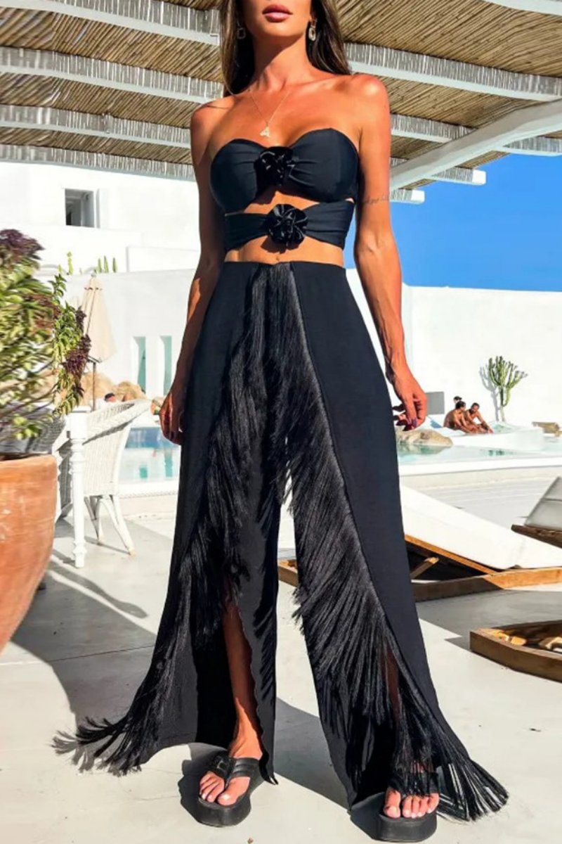 Sexy Casual Solid Tassel Hollowed Out Backless Slit Strapless Sleeveless Two Pieces