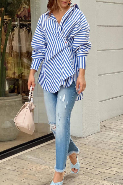 Casual Striped Print Patchwork Asymmetrical Shirt Collar Tops