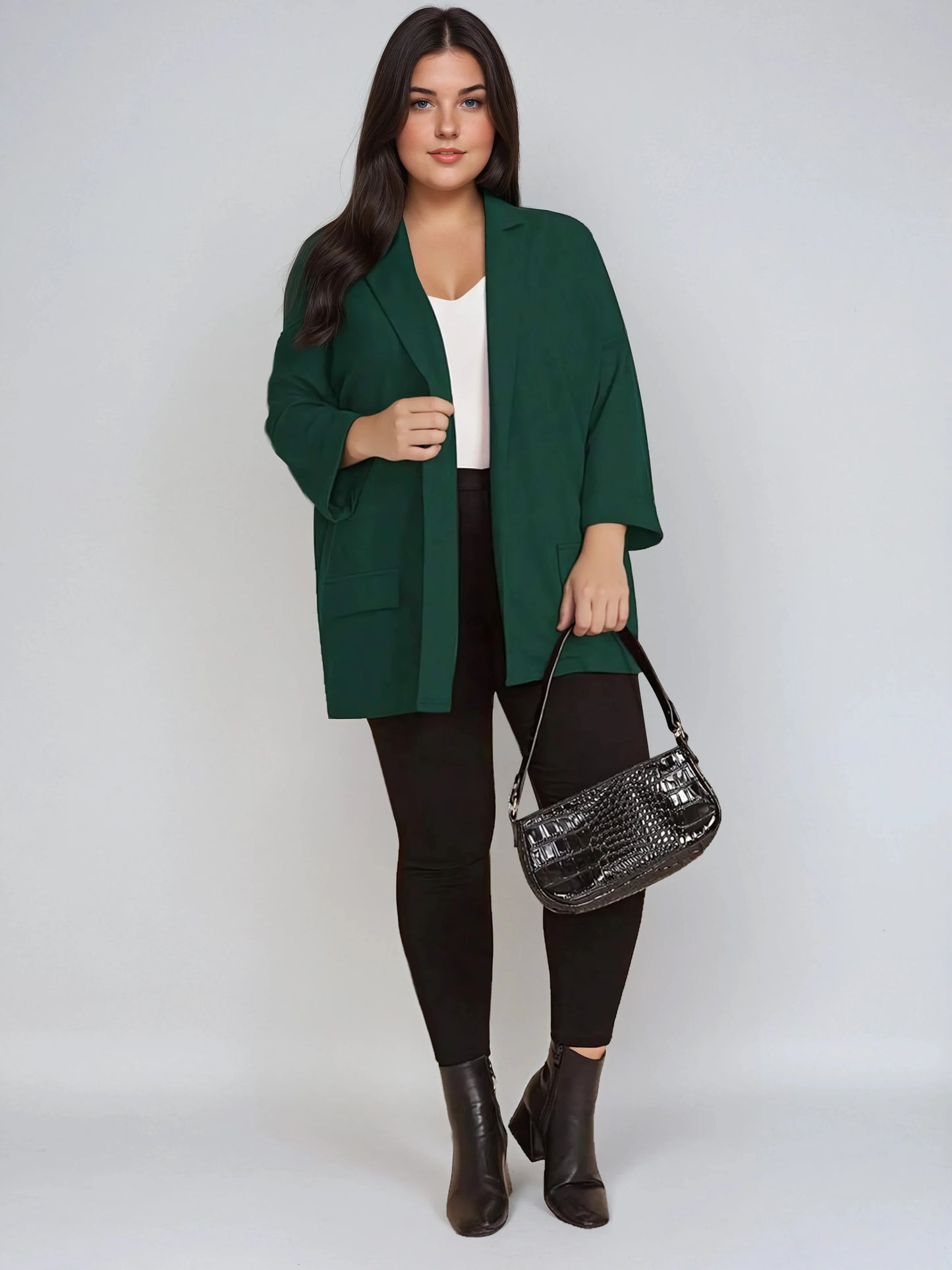Plus Size Black Drop Shoulder Blazer With Cuffed Sleeves