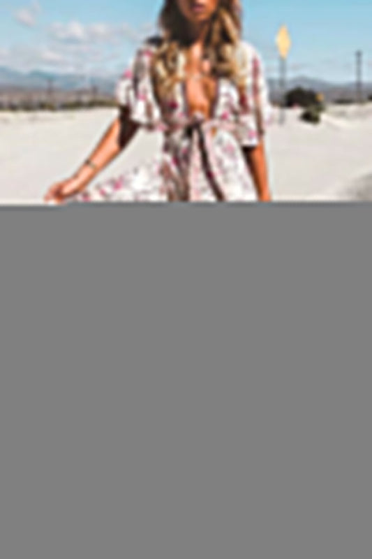 Sexy Vacation Floral Print Hollow Out Lace Up V Neck Irregular Dresses
