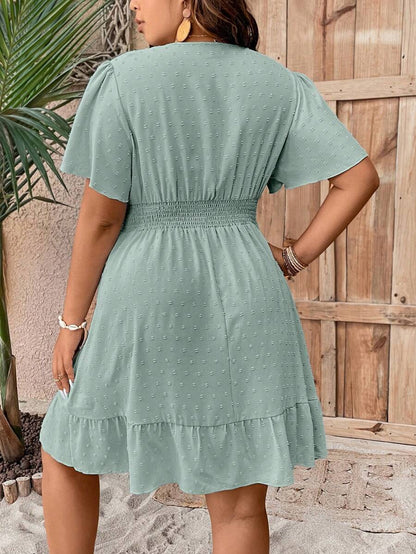 Plus Size V Neck Ruffle Dress With Cinched Waist Fit