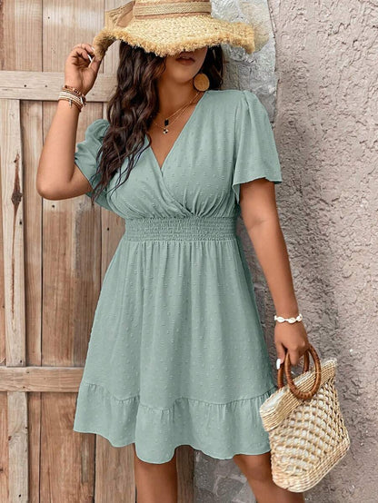 Plus Size V Neck Ruffle Dress With Cinched Waist Fit