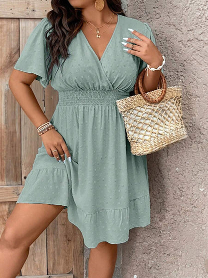 Plus Size V Neck Ruffle Dress With Cinched Waist Fit