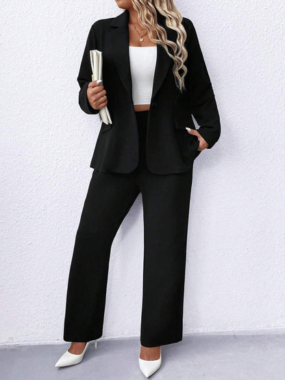 Plus Size Notched Collar Blazer Navy Workwear Casual