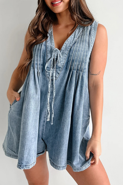 Casual Street Pocket Lace Up V Neck Sleeveless Loose Denim Jumpsuits(9 Colors)