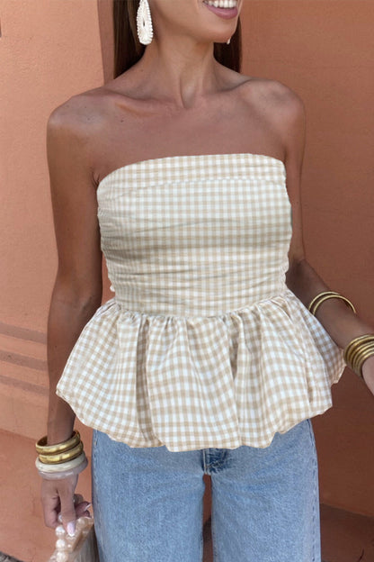 Sexy Plaid Ruched Contrast Strapless Camis(3 Colors)