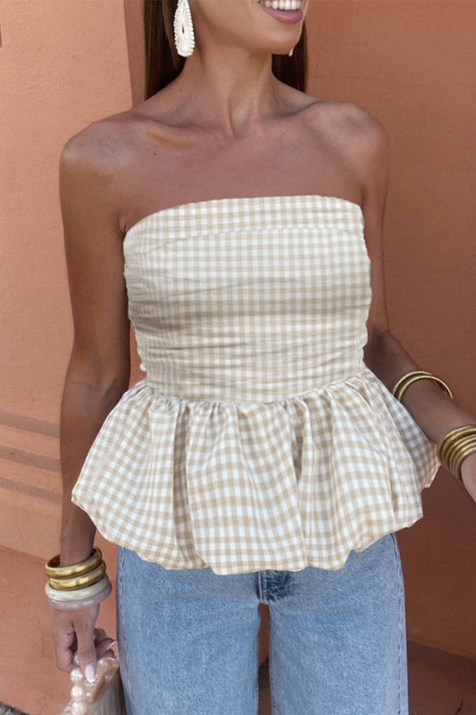 Sexy Plaid Ruched Contrast Strapless Camis(3 Colors)