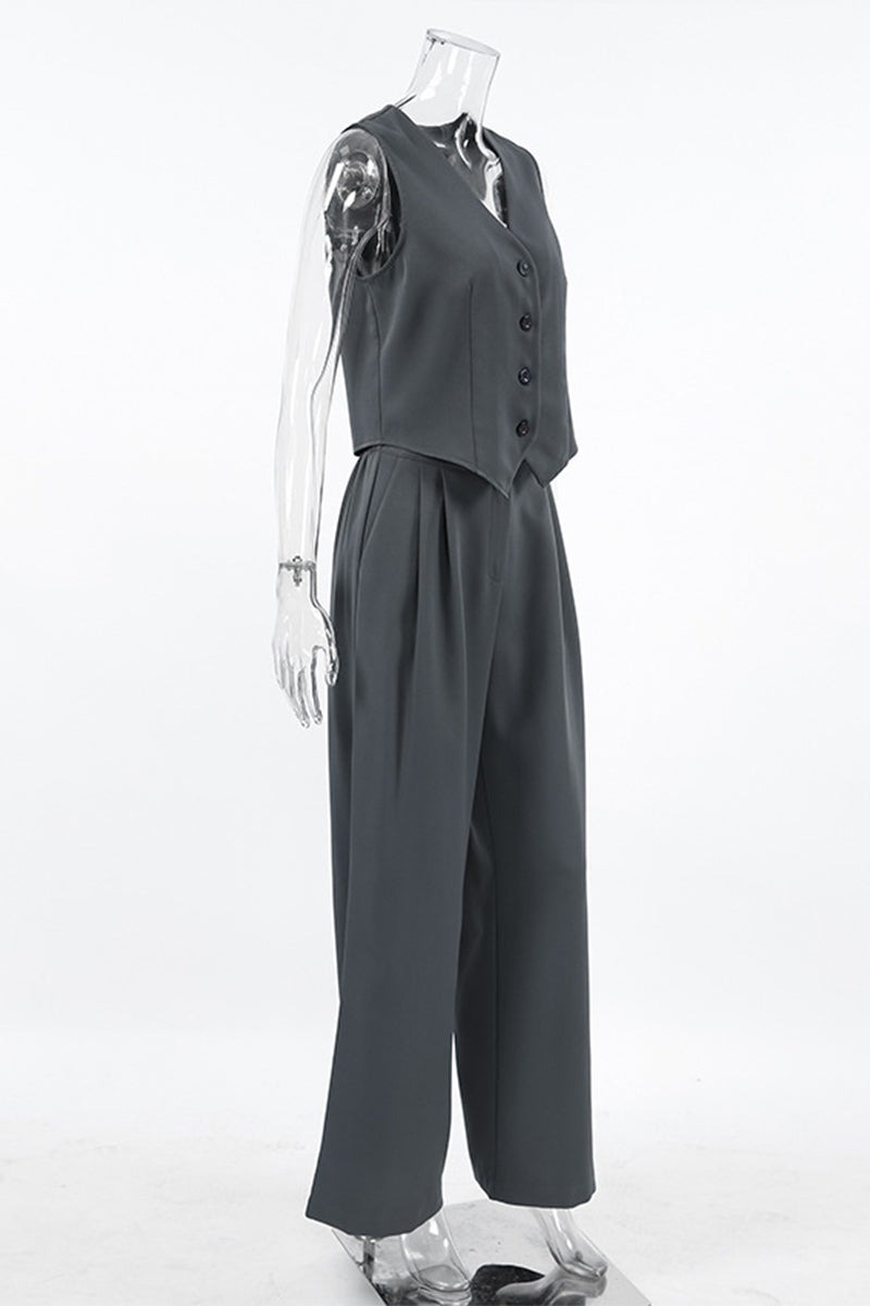 Casual Daily Buckle Ruched V Neck Sleeveless Two Pieces
