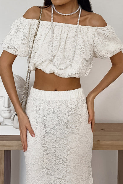 Sexy Solid Color Lace Hollow Out Off Shoulder Short Sleeve Two Pieces