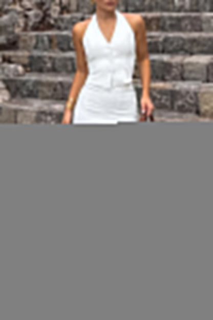 Elegant Solid Color Lace Up Buckle Slit Halter Sleeveless Two Pieces