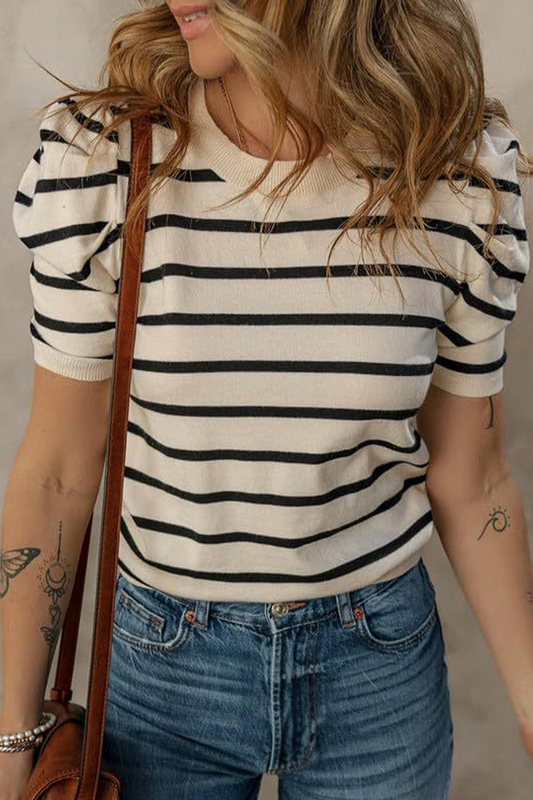 Casual Stripe Ruched Weave O Neck T-Shirts(5 Colors)