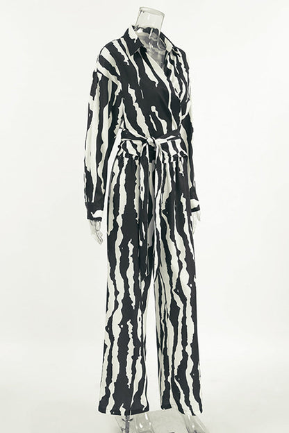 Casual Zebra Print Lace Up Contrast Turndown Collar Long Sleeve Two Pieces