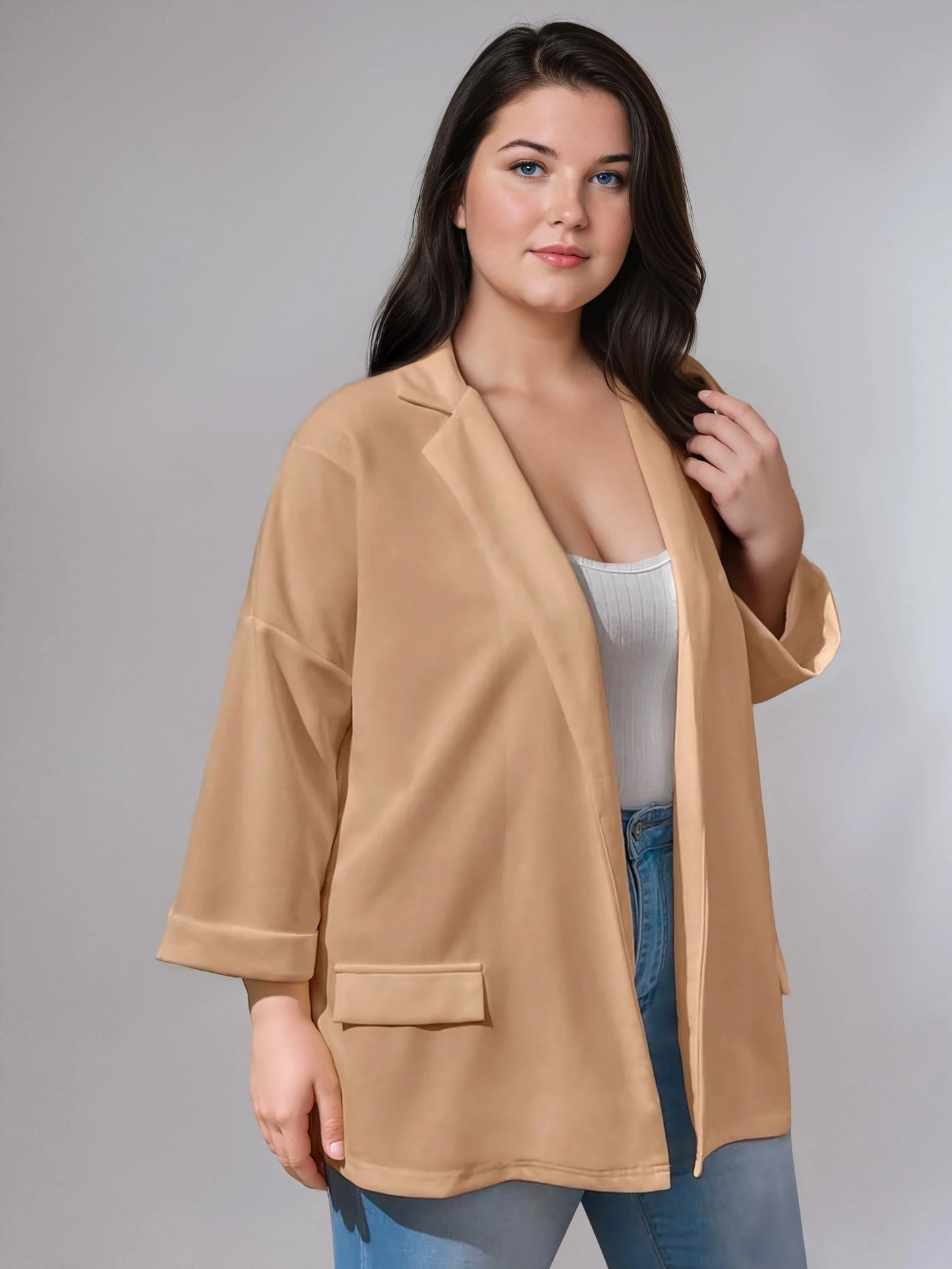 Plus Size Black Drop Shoulder Blazer With Cuffed Sleeves