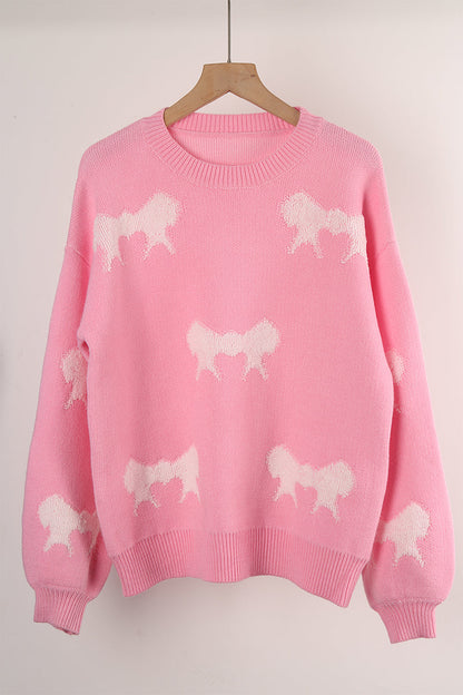 Casual Street Bow Weave Contrast O Neck Sweaters(4 Colors)