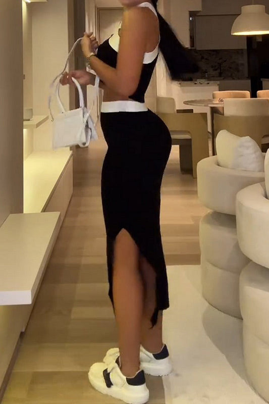 Sexy Slit Contrast Halter Sleeveless Two Pieces