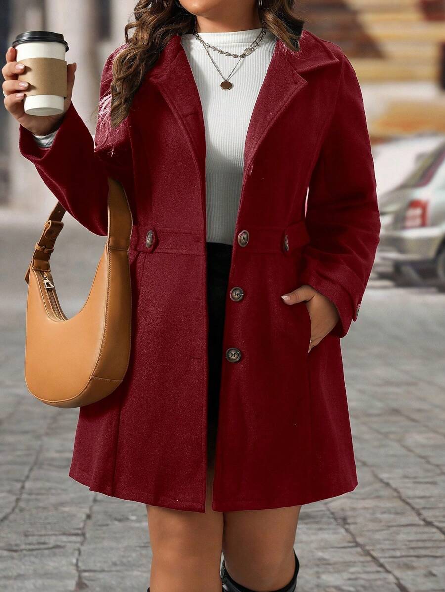 Plus Size Knit Coat Black Lapel Button Decor Waisted Midi