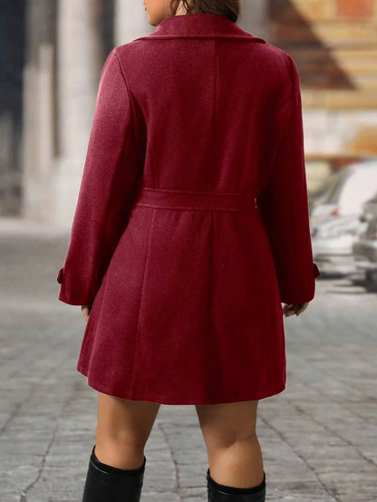 Plus Size Knit Coat Black Lapel Button Decor Waisted Midi
