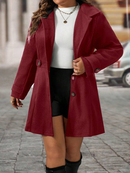 Plus Size Knit Coat Black Lapel Button Decor Waisted Midi