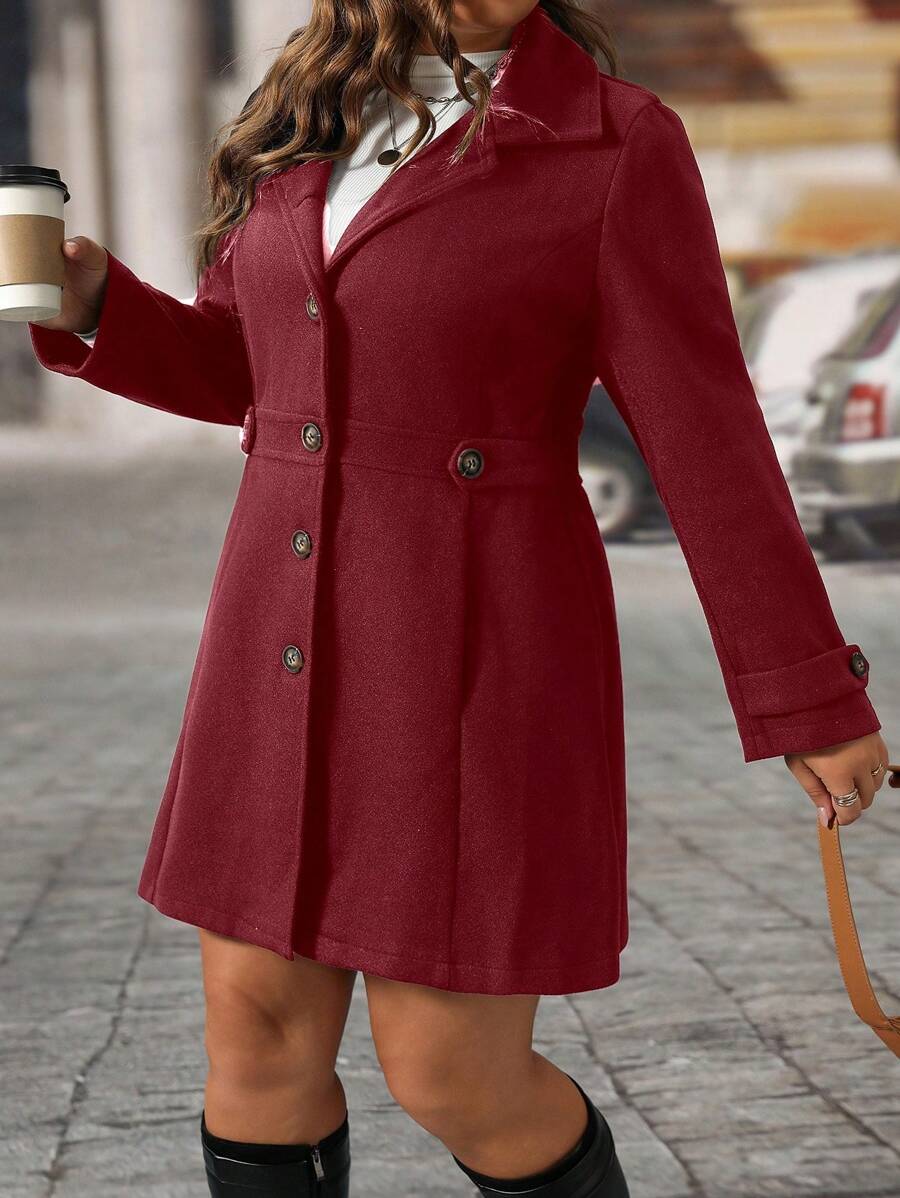 Plus Size Knit Coat Black Lapel Button Decor Waisted Midi