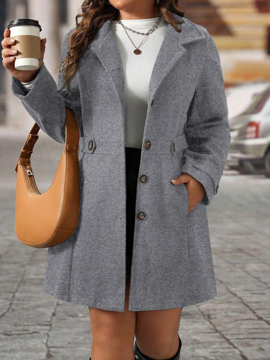 Plus Size Knit Coat Black Lapel Button Decor Waisted Midi