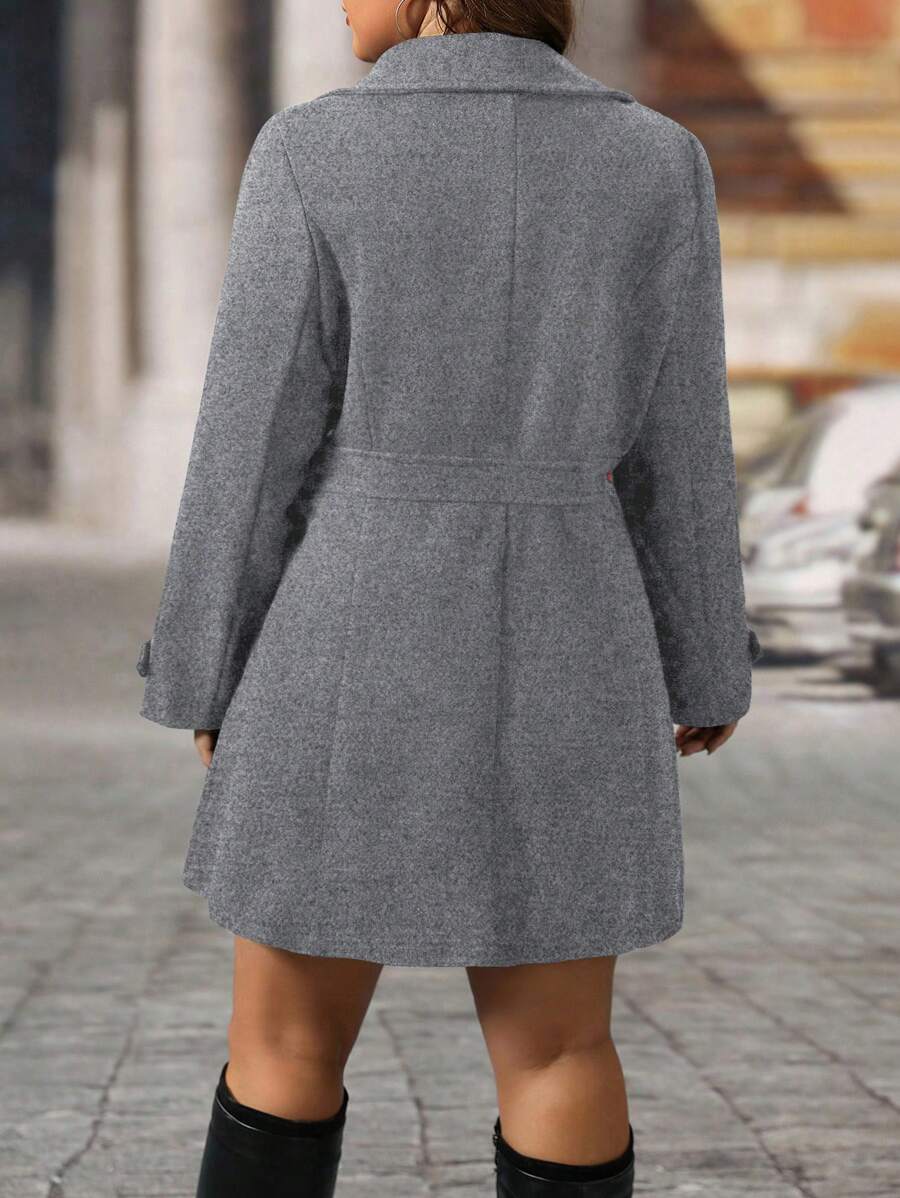 Plus Size Knit Coat Black Lapel Button Decor Waisted Midi