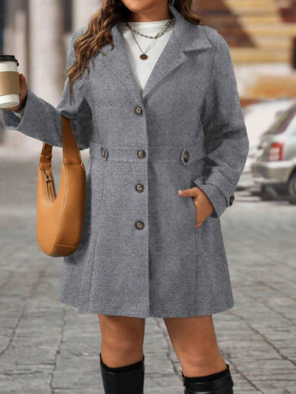 Plus Size Knit Coat Black Lapel Button Decor Waisted Midi