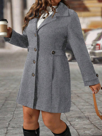 Plus Size Knit Coat Black Lapel Button Decor Waisted Midi