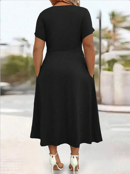 Plus Size Sundress With Pockets V Neck Cinched Waist