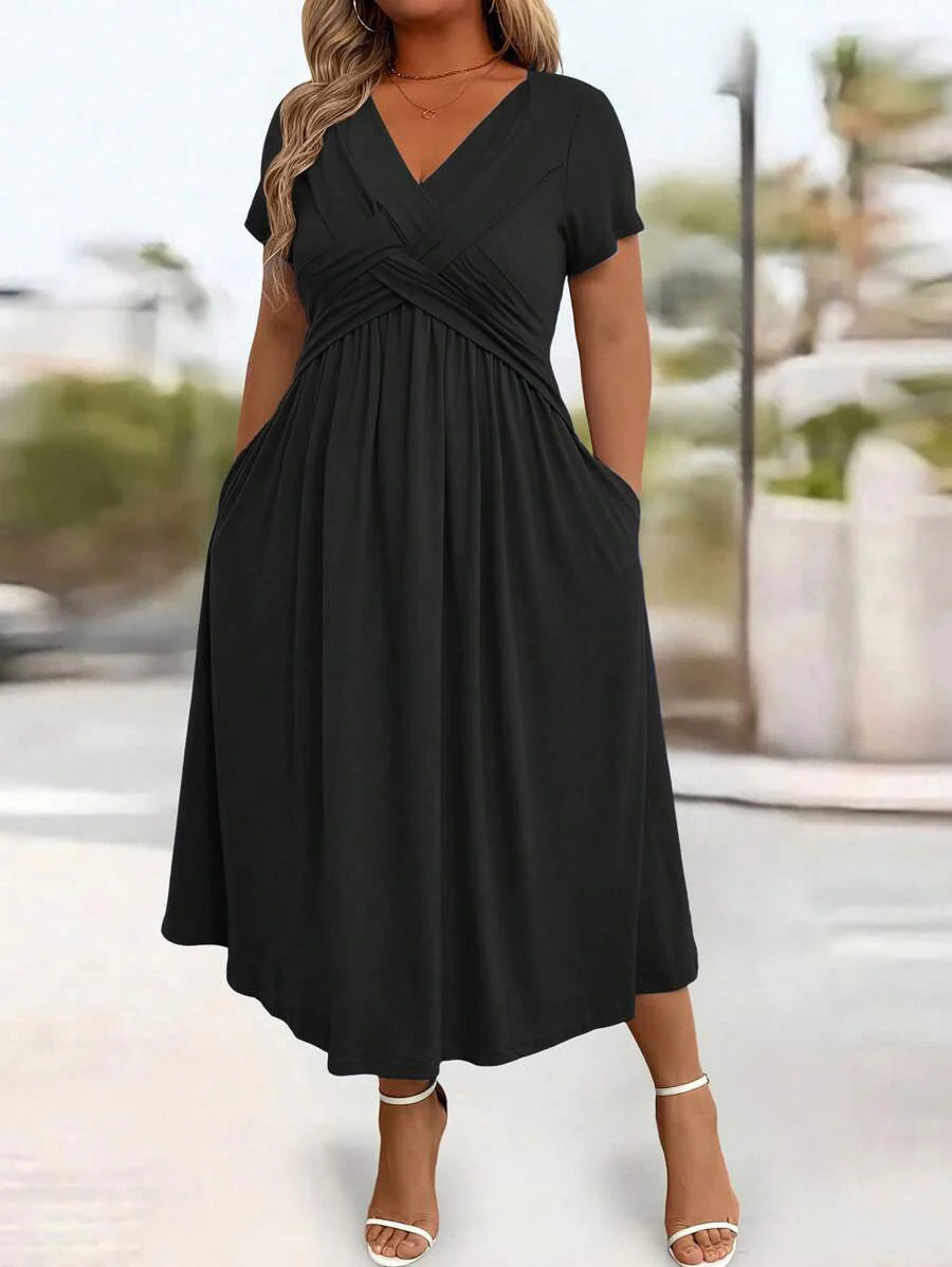 Plus Size Sundress With Pockets V Neck Cinched Waist