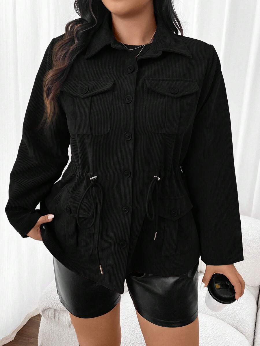 Corduroy Drawstring Waist Jacket For Everyday Casual Wear