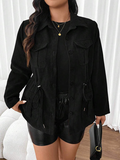 Corduroy Drawstring Waist Jacket For Everyday Casual Wear