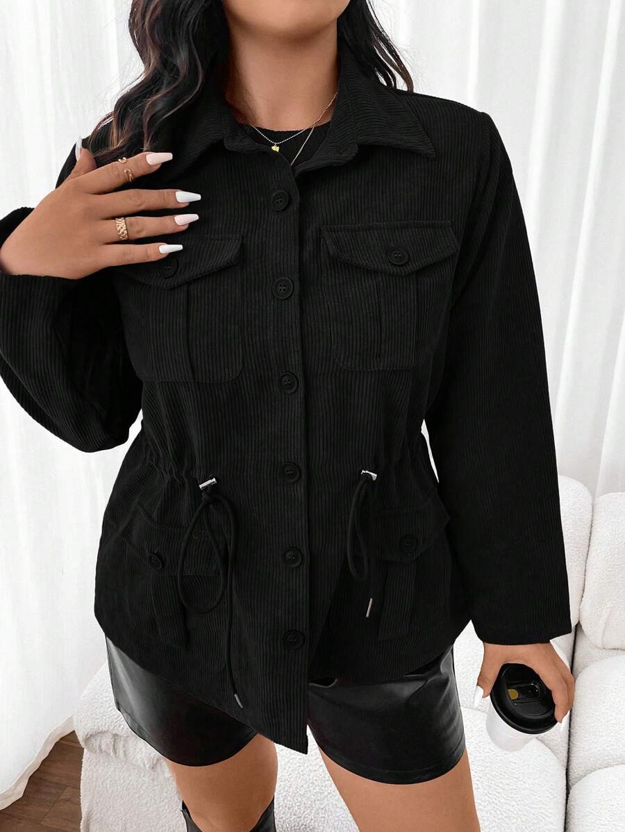 Corduroy Drawstring Waist Jacket For Everyday Casual Wear