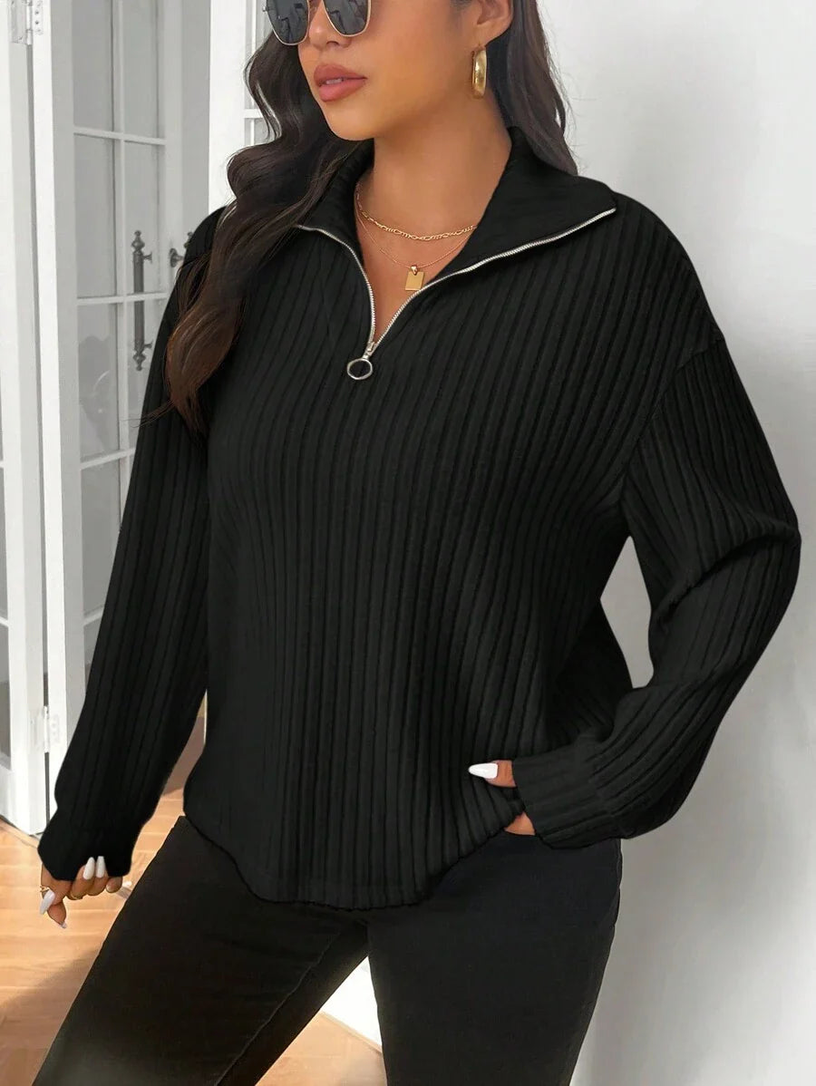 Plus Size Fuzzy Collar Quarter Zip Cozy Sweater