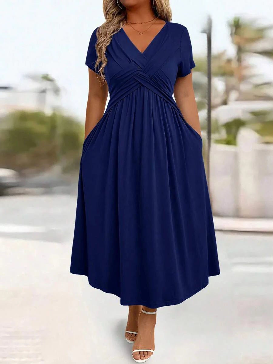 Plus Size Sundress With Pockets V Neck Cinched Waist