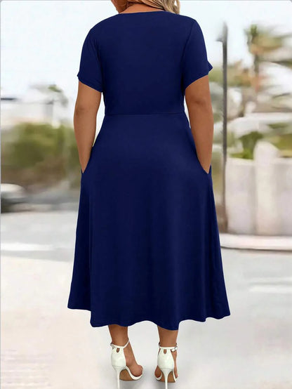 Plus Size Sundress With Pockets V Neck Cinched Waist