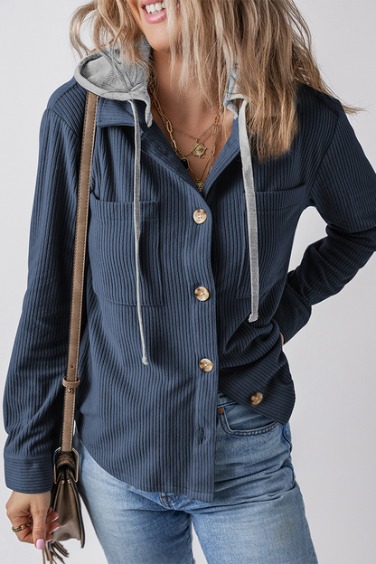 Casual Daily Draw String Buttons Patchwork Contrast Hooded Tops
