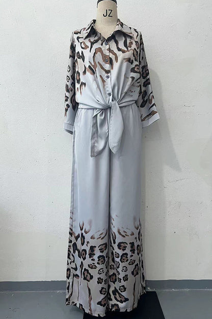 Casual Print Buttons Turndown Collar Long Sleeve Two Pieces
