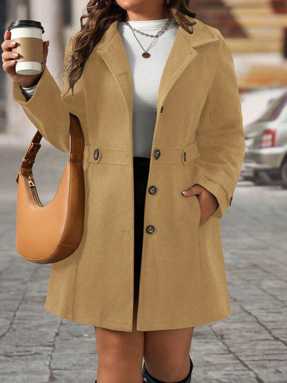 Plus Size Knit Coat Black Lapel Button Decor Waisted Midi