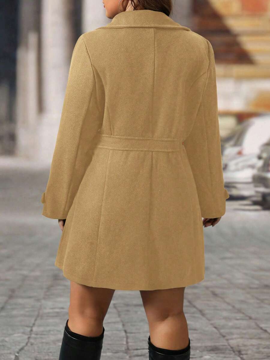 Plus Size Knit Coat Black Lapel Button Decor Waisted Midi